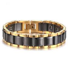 Tutoriel bracelet cuir homme marron fermoir design argent. Men S Black Ceramic Magnetic Gold Plated Edges Bracelet Bijouxstore Webid 1419