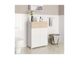 Meuble De Salle De Bain Sur Pied Meuble De Rangement Armoire A Double Porte 60 X 30 X 82 Cm Blanc Et Couleur Chene Bbk43wn Avec Etageres Reglables Et Roulettes Vente De Vasagle Conforama