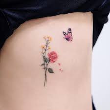 Small realistic rose and butterfly tattoo. Red Rose And Blue Butterfly Tattoo
