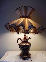 Large Ceramic Pitcher Lamp Vintage With Big Ruffled Shade Brown Speckled Light 1960 S End Table Lamp Retro Home Lighting Mid Century Decor Retro Table Lamps Lamp Vintage Table Lamp