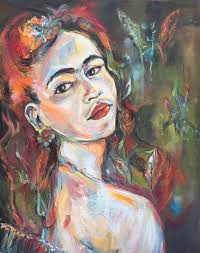 Frida Kahlo mit Dschungelmagie door Rieke Schmieder (2023) : Schilderij  Acryl, Waterverf op Canvas