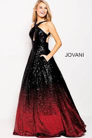 This Jovani 60270 Black Red Ombre Sequin Long Party Dress Features An A Line Silhouette Detailed With A Cross Halter Jovani Dresses Ball Gowns Ball Gowns Prom