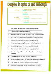 Although Though Even Though In Spite Of Despite Exercises Pdf Connectors Although In Spite Of And However Esl Worksheet By Cidalia