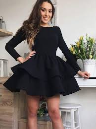 A Line Bateau Long Sleeves Tiered Black Homecoming Dress Black Homecoming Dress Simple Homecoming Dresses Homecoming Dresses