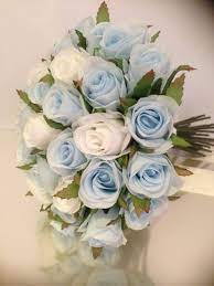 This popular wedding flower also comes in white, magenta, deep red, burgundy, and soft yellow. Light Blue White Roses Posy 33 Buds Wedding Bouquet Artificial Silk Flower Petals N Pods Bridal