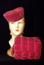 Vintage Red Velvet Bow Black Veil Faux Lamb Fur Garrison Tilt Hat 30s 40s Pink Velvet Antique Hats Hats Vintage