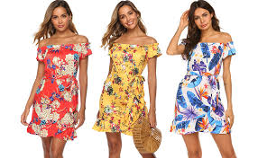 Styles include various hawaiian and tropical shirts, sundresses, and swimsuits as well as sandals, jewelry, bags, and much more. Sweetnight Womens Casual Off The Shoulder Dresses Summer Short Sleeve Floral Dresses Tropical Hawaiian Dresses At Amazon Women S Clothing Store
