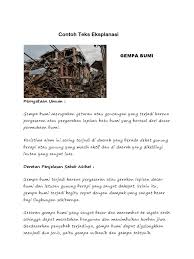 Gempa bumi biasa disebabkan oleh pergerakan kerak bumi (lempeng bumi). Contoh Teks Eksplanasi Gempa Bumi