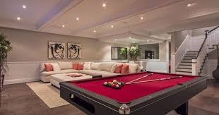 Liked On Pinterest Contemporary Basement Design With Red Billiard Table Salle De Jeux Sous Sol Renovation De Sous Sol Maison Cubique