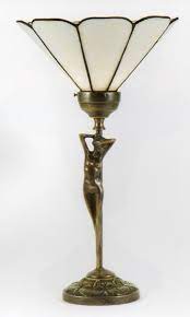 This Art Deco Style Lady Table Lamp With Iridised Uplighter Shade Features 1920 S Style Solid Brass With Art Deco Lighting Art Deco Lamps Art Deco Table Lamps