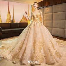 Finde dein brautkleider bei pronovias. Luxus Herrlich Gold Brautkleider Hochzeitskleider 2019 A Linie Rundhalsausschnitt Glanz Spitze Blumen Kristall 3 4 Armel