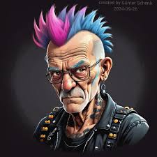 Made with "MonAI Art Generator" (Stable Diffusion), using the "Triangulum  XL" model. Prompt: "a striking and captivating cartoon portrait of a punker  grandpa with a dyed mohawk. The grandpa's gaze is unfriendly,