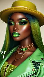 Create a street art style ultra realistic African American woman, she is  walking to her green lexus jeepon melros drive talking