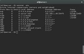 The netstat command in linux can display active network connections, interface data, routing tables, and statistics among others. Netstat Wikipedia