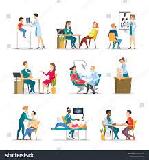 Doctor consults young woman therapist and patient vector. Doctor And Patient Set Collection Of People In Hospital On Medical Consultation Body Examination And Profess Cartoon Styles Medical Consultation Illustration