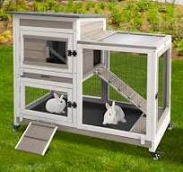 Indoor/Outdoor Rabbit Hutch - Wooden Bunny Cage With Wheels & Deep Trays  (Grey)
