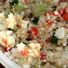 Add tomatoes, feta cheese, onions, olives, artichoke and parsley to couscous; Salmon And Couscous Salad With Cucumber Feta Dressing