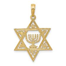 14k Yellow Gold 3d Star Of David With Menorah Charm Pendant Jewish Jewelry Star Of David Pendant Fine Jewelry Gift