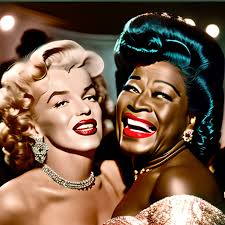 HOW MARILYN MONROE HELPED ELLA FITZGERALD SEE HERE:  https://www.mentalfloss.com/article/19268/14-breathless-facts-about-marilyn-monroe?a_aid=46813  I've colorized this image from 1954: 'Ella meets Marilyn' (Tiffany Club in  Hollywood)