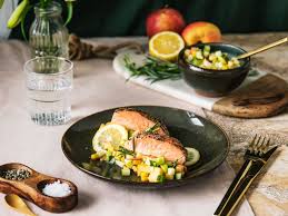The secret is the marinade! Baked Salmon With Nectarine Salsa Recipe With Video Recipe Baked Salmon Workout Food Low Calorie Dinners
