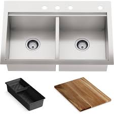 Shop wayfair for all the best kitchen sinks with kitchen sink workstation included. Kohler Lyric Dual Mount Workstation Stainless Steel 33 In 4 Hole Double Bowl Kitchen Sink With Integrated Ledge And Accessories K Rh23376 4pc Na The Home Depot