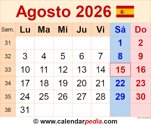 Calendario agosto 2026: 10 plantillas PDF para imprimir