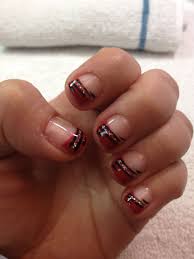 Red Black And Silver Glitter Nails Red Tip French Manicure With Black Lines And Silver Glitter Red French Manicure French Tip Nails French Nails