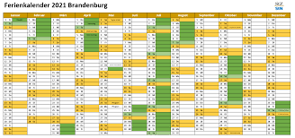 Übersichtlicher jahreskalender von 2021, die daten werden pro monat gezeigt einschließlich der kalenderwochen. Ferien In Brandenburg 2021 Kalender Und Ubersicht