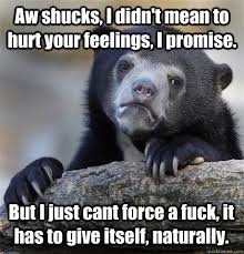 Aw Shucks I Didn T Mean To Hurt Your Feelings I Promise But I Just Cant Force A Fuck It Has To Give Itself Naturally Confession Bear Quickmeme