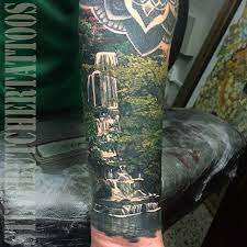 A Photo Realistic Tattoo Piece Of A Serene Waterfall Nature Scene By Artist Steve Butcher Intenze Ink Waterfall Tattoo Jungle Tattoo Realistic Tattoo Sleeve