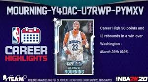 This page is update daily so you never miss a code. Nba 2k20 Career Highlights Diamond Alonzo Mourning Card Live With Free Locker Code