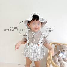 (NO RESTOCK) AARON Unisex Baby Cotton Plaid Overall with Hat