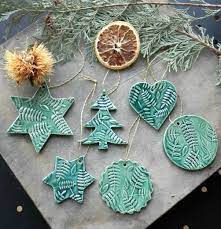 Green Christmas Tree Ornaments Leaf Pattern Ceramic Star Moon Etsy In 2021 Ceramic Christmas Decorations Clay Christmas Decorations Christmas Ornaments Pottery