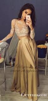 Two Piece Crew Long Sleeves Gold Elastic Satin Long Prom Dresses With Lace Typ1620 Prom Dresses Long With Sleeves Prom Dresses With Sleeves Evening Dresses Prom
