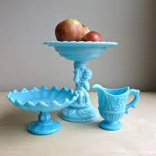 Vintage Blue Milk Glass Footed Bowl
