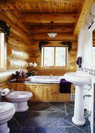 Log Cabin Bathroom With Gray Slate Floor Tiles Log Cabin Bathrooms Cabin Bathrooms Log Cabin Homes