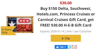 Carnival cruise (tips, gift card discount info, general information) has 27,428 members. Expired H E B Buy 150 Select Gift Cards Get 30 H E B Gift Card Free Delta Southwest Hotels Com Princess Cruises Carnival Gc Galore