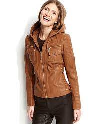 Michael Kors Jacket Hooded Leather This Jacket Is Amazing It Has Knit On The Arms So I Leather Jacket With Hood Leather Bomber Jacket Women Coats For Women