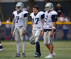 Aug 1 2016 Irvine Ca Usa Dallas Cowboys Quarterbacks Jameill Showers 7 Kellen Moore 17 And Tony Romo Cowboys Quarterbacks Cowboys Football Tony Romo