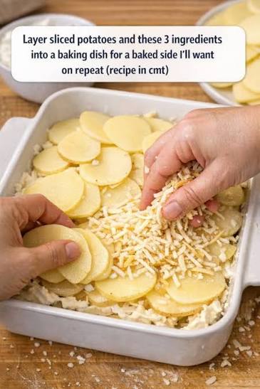 Stack potato slices and these 3 ingredients for a baked side I'll want again.  Full recipe 👇 💬
