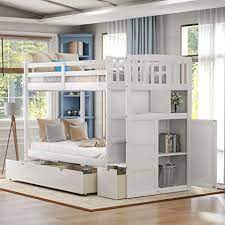 Amazon Com Twin Over Full Bunk Bed Twin Bunk Beds For Kids Bed Frame With Convertible Bottom Bed Storage Shelves And Drawers White Kitchen Dining