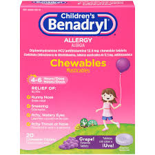 childrens benadryl allergy chewable tablets grape flavor 20 ct