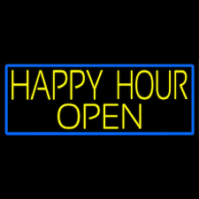 Yellow Happy Hour Open With Blue Border Neon Sign Neonsignau Com I put a youtube video and a movie on my apartment wall. customize neon signs