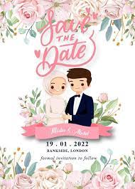 Cute Muslim Wedding Save The Date Invitation Card Template E Invitation Printable Invitation Personalize Template Mswc200601 Cartoon Wedding Invitations Muslim Wedding Invitations Wedding Congratulations Card