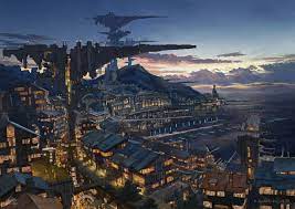 オリジナル 大浮島郡起重機港の夕暮れ 改 k kanehiraのイラスト pixiv futuristic city city background scenery