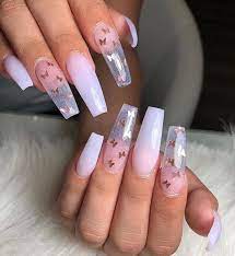 To achieve this effect, section off a longer portion of the tip on your manicure and apply a white polish to this section. Butterfly Effect Summer Acrylic Nails Clear Acrylic Nails Coffin Nails Designs