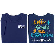 Coffee scrubs and rubber gloves design on mint green background set on a 1.25 inch diameter badge reel. Coffee Scrubs And Rubber Gloves Two Sided Short Sleeve T Shirt Positive Promotions