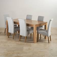 Oakdale Natural Solid Oak Dining Set 6ft Table With 6 Scroll Back Chairs In Plain Gray Fabric Oak Dining Sets Dining Table Chairs Oak Dining Table