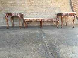 Mdf with wood grain laminate veneer wrought iron style hardware and accents finished on all sides for versatile placement dimensions: Cherry Wood Coffee Table And Two End Tables With Faux Marble Tops