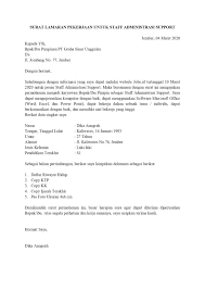 # contoh surat lamaran kerja di bank, pt, dan perusahaan swasta. Contoh Surat Lamaran Pekerjaan Untuk Administrasi Dan Perkantoran Tanpakoma